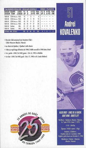 1994-95 Burger King Quebec Nordiques #NNO Andrei Kovalenko Back
