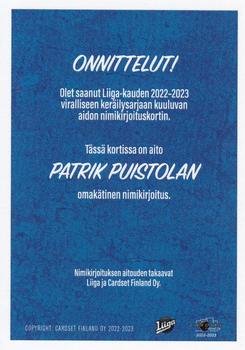 2022-23 Cardset Finland - Signature #NNO Patrik Puistola Back