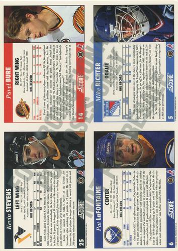 1992-93 Score - Sample Sheets #5 / 6 / 14 / 25 Mike Richter / Pat Lafontaine / Pavel Bure / Kevin Stevens Back