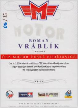 2014-15 CEZ Motor Ceske Budejovice - Signature #CB-04 Roman Vrablik Back