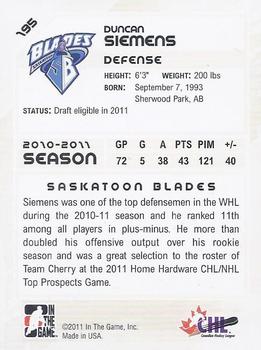 2010-11 In The Game Heroes and Prospects #195 Duncan Siemens Back