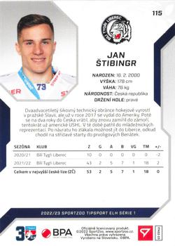 2022-23 SportZoo Tipsport ELH #115 Jan Štibingr Back