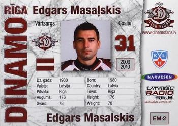 2009-10 Dinamo Riga - Game Used Jersey Shield #EM-2 Edgars Masalskis Back
