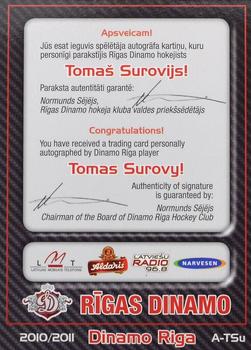 2010-11 Riga Dynamo (KHL) - Autographs #A-TSu Tomas Surovy Back