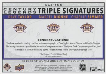 2020-21 SP Signature Edition Legends - Century Legends Signatures Triple #CL3-TDS Dave Taylor / Marcel Dionne / Charlie Simmer Back