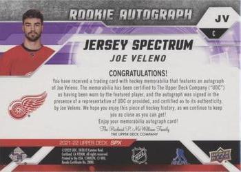 2021-22 SPx - Rookie Auto Jersey Spectrum #JV Joe Veleno Back