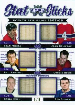 2021-22 Leaf Lumber - Stat Sticks: PPG Purple #PPG-09 Stan Mikita / Jean Béliveau / Phil Esposito / Gordie Howe / Bobby Hull / Rod Gilbert Front
