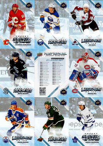 2023 Upper Deck National Hockey Card Day - 9-Card Sheets #NNO Jonathan Huberdeau / Owen Power / Joe Sakic / Matty Beniers / Checklist / Patrick Roy / Wayne Gretzky / Matt Boldy / Auston Matthews Front