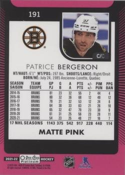 2021-22 O-Pee-Chee Platinum - Matte Pink #191 Patrice Bergeron Back