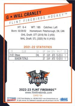 2022-23 Choice Flint Firebirds (OHL) #4 Will Cranley Back
