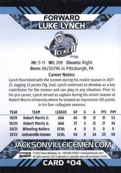 2022-23 Choice Jacksonville Icemen (ECHL) #4 Luke Lynch Back