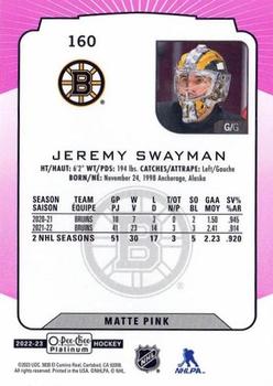 2022-23 O-Pee-Chee Platinum - Matte Pink #160 Jeremy Swayman Back