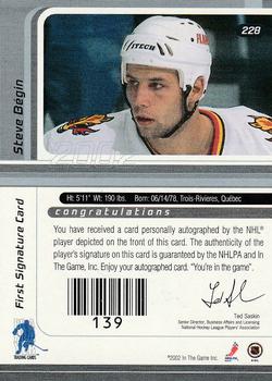 2001-02 Be a Player Update - 2001-02 Be A Player Signature Series Update Autographs Gold #228 Steve Begin Back