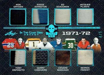 2022-23 Leaf In The Game Used - Masked Men: Year of the Goalie Relics Platinum Blue Spectrum #YG-3 Ken Dryden / Tony Esposito / Eddie Johnston / Gerry Cheevers / Ed Giacomin / Cesare Maniago / Jacques Plante / Bernie Parent Front