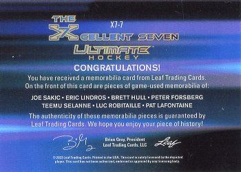 2023 Leaf Ultimate - The Xcellent 7 Spectrum Red Holofoil #X7-7 Joe Sakic / Eric Lindros / Brett Hull / Peter Forsberg / Teemu Selanne / Luc Robitaille / Pat LaFontaine Back