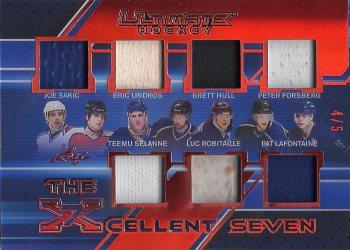 2023 Leaf Ultimate - The Xcellent 7 Spectrum Red Holofoil #X7-7 Joe Sakic / Eric Lindros / Brett Hull / Peter Forsberg / Teemu Selanne / Luc Robitaille / Pat LaFontaine Front