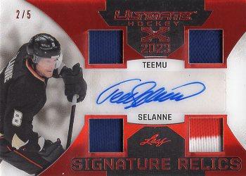 2023 Leaf Ultimate - Ultimate X Signature Relics Spectrum Red Holofoil #UXSR-TS1 Teemu Selanne Front