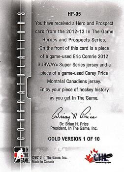 2012-13 In The Game Heroes and Prospects - Hero and Prospect Jerseys Gold #HP-05 Carey Price / Eric Comrie Back