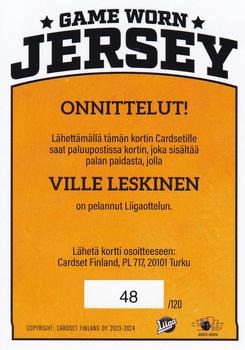 2023-24 Cardset Finland - Game Worn Jersey Redemption #GWJ3 Ville Leskinen Back