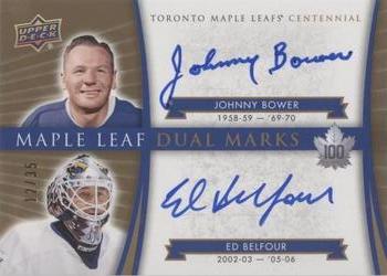 2020-21 SP Signature Edition Legends - 2017 Upper Deck Toronto Maple Leafs Centennial Update: Maple Leaf Dual Marks #MLM2-BB Johnny Bower / Ed Belfour Front