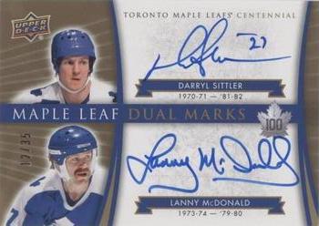 2020-21 SP Signature Edition Legends - 2017 Upper Deck Toronto Maple Leafs Centennial Update: Maple Leaf Dual Marks #MLM2-SM Darryl Sittler / Lanny McDonald Front