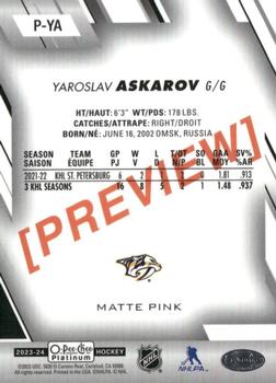 2023-24 O-Pee-Chee - OPC Platinum Previews Matte Pink #P-YA Yaroslav Askarov Back