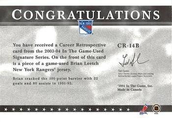 2015-16 In The Game Final Vault - 2003-04 In The Game Used Signature Series - Career Retrospective Silver (Black Vault Stamp) #CR-14B Brian Leetch Back