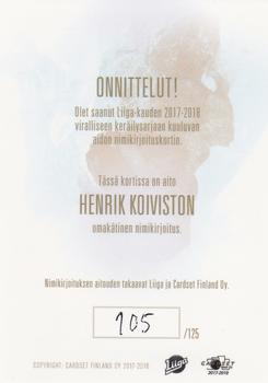 2017-18 Cardset Finland - Signature (Series Two) #NNO Henrik Koivisto Back