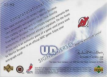 2001-02 Upper Deck - UD Signed Jerseys (Series Two) #SJ-MB Martin Brodeur Back