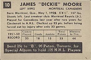 1952-53 Parkhurst #10 Dickie Moore Back