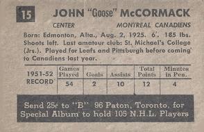 1952-53 Parkhurst #15 John McCormack Back
