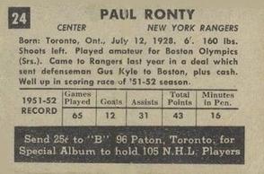 1952-53 Parkhurst #24 Paul Ronty Back