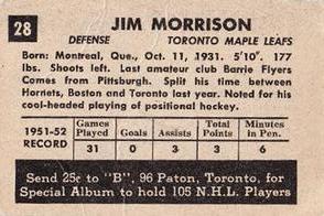 1952-53 Parkhurst #28 Jim Morrison Back