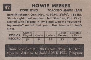 1952-53 Parkhurst #42 Howie Meeker Back