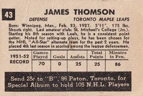 1952-53 Parkhurst #43 Jim Thomson Back