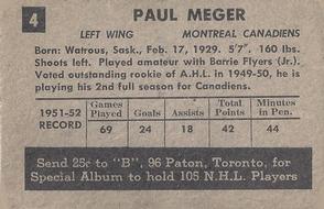 1952-53 Parkhurst #4 Paul Meger Back
