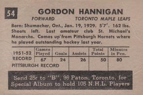 1952-53 Parkhurst #54 Gord Hannigan Back
