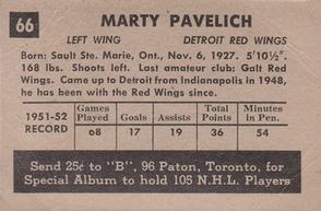 1952-53 Parkhurst #66 Marty Pavelich Back
