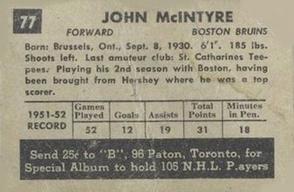 1952-53 Parkhurst #77 Jack McIntyre Back