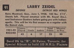 1952-53 Parkhurst #91 Larry Zeidel Back