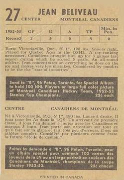 1953-54 Parkhurst #27 Jean Beliveau Back