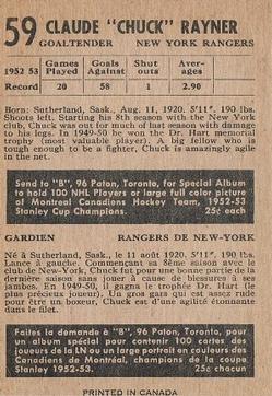 1953-54 Parkhurst #59 Chuck Rayner Back