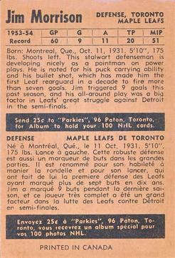 1954-55 Parkhurst #18 Jim Morrison Back
