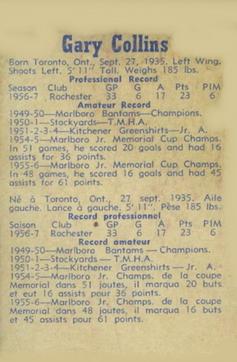 1957-58 Parkhurst #T23 Gary Collins Back