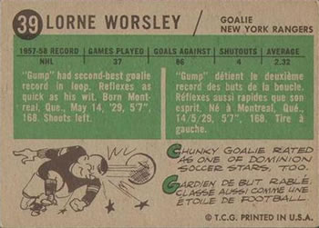 1958-59 Topps #39 Lorne Worsley Back