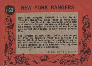 1961-62 Topps #63 New York Rangers  Back
