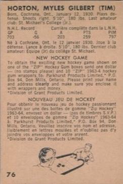 1963-64 Parkhurst #76 Tim Horton Back