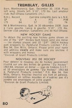 1963-64 Parkhurst #80 Gilles Tremblay Back