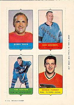 1969-70 O-Pee-Chee - Four-in-One Mini-Cards #NNO Bob Baun / Ken Schinkel / Tim Horton / Bernie Parent Front