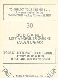 1981-82 O-Pee-Chee Stickers #30 Bob Gainey  Back